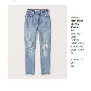 Abercrombie and Fitch high rise skinny jeans size 25